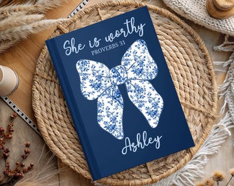 Custom Notebook For Women, Christian Gift Journal, She Is Worthy Journal, Personal Prayer Toile Coquette Bow Bible Study Journal for Girls
