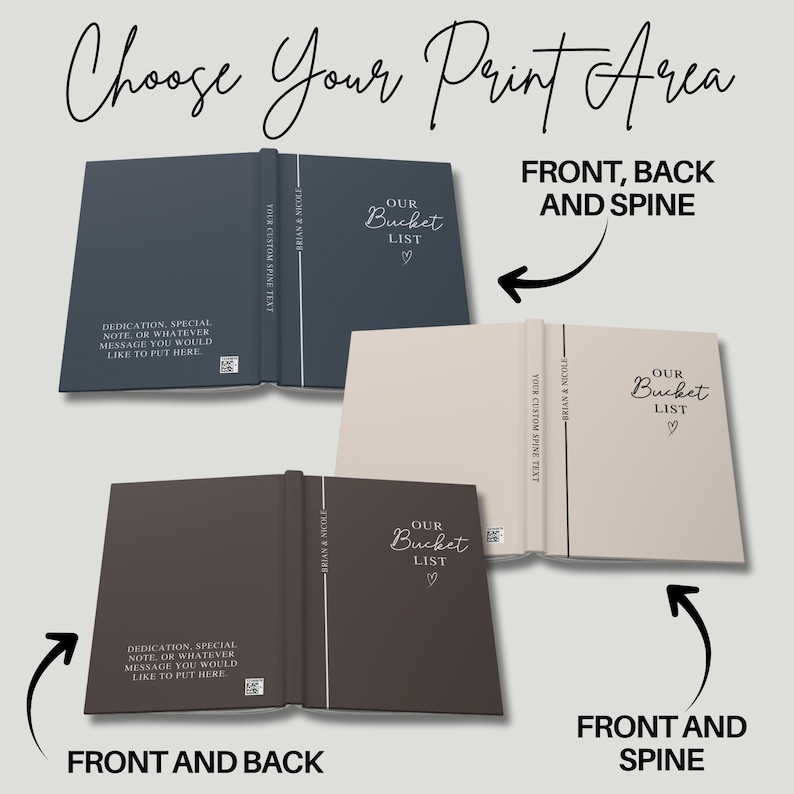 Pu&ograve; includere: Tre quaderni aperti con la scritta "Our Bucket List" e un simbolo a forma di cuore sulla copertina. I quaderni sono blu navy, beige e marroni. Il testo "Choose Your Print Area" &egrave; in alto.