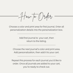 Puede incluir: Imagen con el texto "How to Order" en escritura elegante. Las instrucciones incluyen elegir colores, agregar personalizaci&oacute;n y agregar diarios al carrito. El proceso se repite para cada diario antes de pagar.