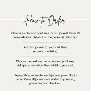 May include: Image with the text "How to Order" in elegant script. Instructions detail choosing colours, adding personalisation, and adding journals to the cart. The process is repeated for each journal before checkout.