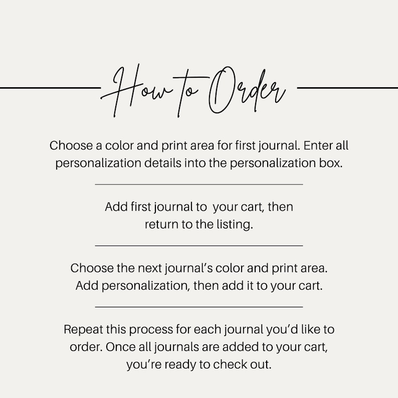 May include: An instructional graphic with black text on a light background. The header reads How to Order. The text provides steps to choose a colour and print area for a journal, enter personalisation details, add to cart, and repeat for multiple items.