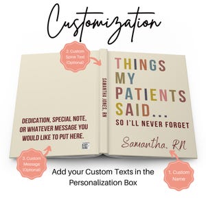 May include: A book cover with the title "Things My Patients Said... So I'll Never Forget" with a colourful design. The book cover is open to show the spine with the text "Samantha Jones, RN". The image shows customisation options for the book cover, including a custom name, spine text, and a custom message.