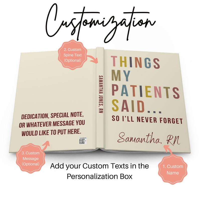May include: A book cover with the title "Things My Patients Said... So I'll Never Forget" with a colourful design. The book cover is open to show the spine with the text "Samantha Jones, RN". The image shows customisation options for the book cover, including a custom name, spine text, and a custom message.
