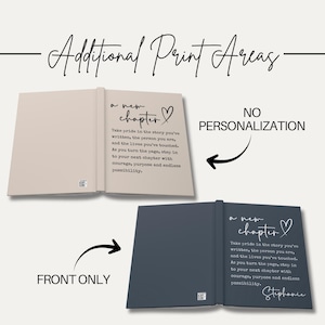 May include: Open journal with the text "a new chapter" and a heart symbol. The journal is shown in two colors, beige and dark blue, with the option for personalization. The text reads: "Take pride in the story you've written..."