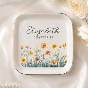 13th Birthday Gift for Girl, Personalized Birth Flower Ring Dish, Chapter 13 Jewelry Tray, Keepsake for Daughter or Granddaughter