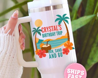 Custom 60th Birthday Tumbler Gift, Sixtieth Birthday Beach Tumbler Girls Trip 40oz Tumbler for Birthday Party Beach Trip Tumbler with Handle