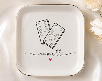 Personalized Dominoes Jewelry Dish, Custom Name Ring Dish, Domino Lover Gift, Game Night Trinket Tray, Ceramic Gift for Domino Player