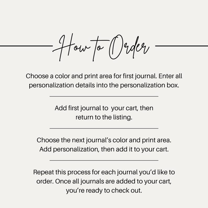 May include: Image with the text "How to Order" in elegant script. Instructions include choosing colors, adding personalization, and adding journals to the cart. The process is repeated for each journal before checkout.