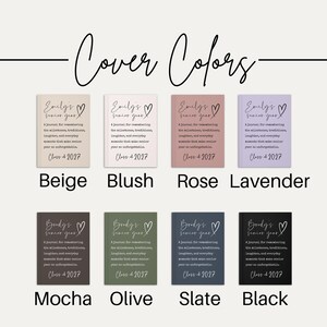 May include: A display of eight journals in various colors: beige, blush, rose, lavender, mocha, olive, slate, and black. Each journal features the text "Emily's senior year" or "Brody's senior year" with a heart symbol, and the text "Class of 2027".