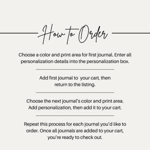 May include: Image with the text "How to Order" in elegant script. Instructions include choosing colors, adding personalization, and adding journals to the cart. The process is repeated for each journal before checkout.