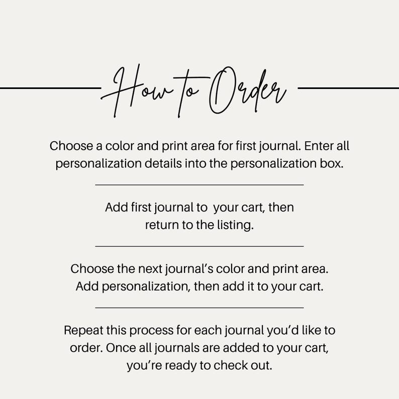 May include: Image with the text "How to Order" in elegant script. Instructions include choosing colors, adding personalization, and adding journals to the cart. The process is repeated for each journal before checkout.
