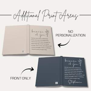 May include: Two open books with text, one beige and one navy blue. The beige book reads "because of you" with a floral design and a poem. The navy book has the same text and poem, plus a name.