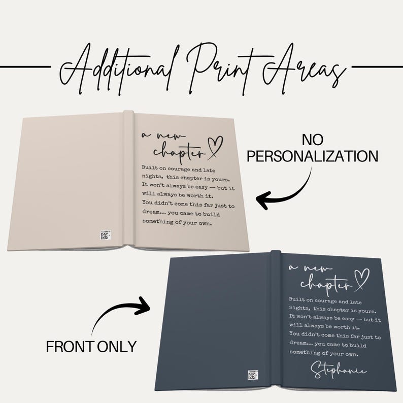 May include: Two open books with the text "a new chapter" and inspirational text. One book is beige, the other is dark blue. The text "Additional Print Areas" and "No Personalization" are also visible.