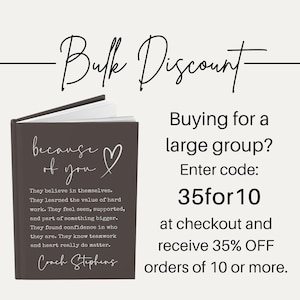 May include: A dark gray journal with the text "because of you" and a heart symbol. The journal's cover includes inspirational text. The image also includes the text "Bulk Discount" and information about a discount code.