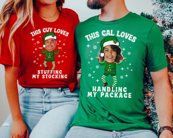 Funny Matching Christmas Couple Pajamas, Naughty Face Photo Pajama  T-Shirts, Festive Couples Picture Husband Wife PJs, Raunchy Lover Shirts