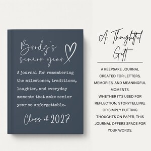 May include: A navy blue journal with the text "Brody's senior year" and "Class of 2027" in white script. The journal is described as a keepsake for letters, memories, and meaningful moments.