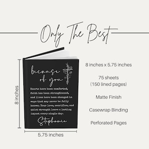 May include: A black journal with the text "because of you" and a floral cross design. The journal measures 8 inches by 5.75 inches and has 75 sheets (150 lined pages). It features a matte finish, casewrap binding, and perforated pages.