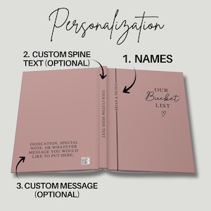 Pu&ograve; includere: Un diario rosa personalizzato con le parole "Our Bucket List" e un simbolo a forma di cuore. Il diario include opzioni per nomi personalizzati, testo del dorso e un messaggio personalizzato. La parola "Personalization" &egrave; scritta in alto.