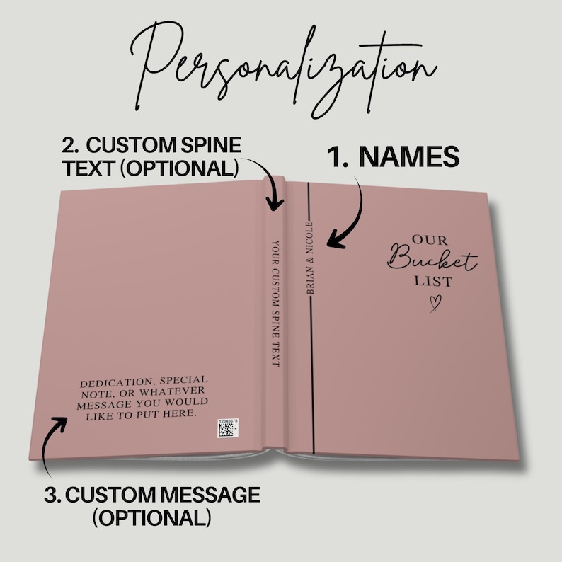 Pu&ograve; includere: Un diario rosa personalizzato con le parole "Our Bucket List" e un simbolo a forma di cuore. Il diario include opzioni per nomi personalizzati, testo del dorso e un messaggio personalizzato. La parola "Personalization" &egrave; scritta in alto.