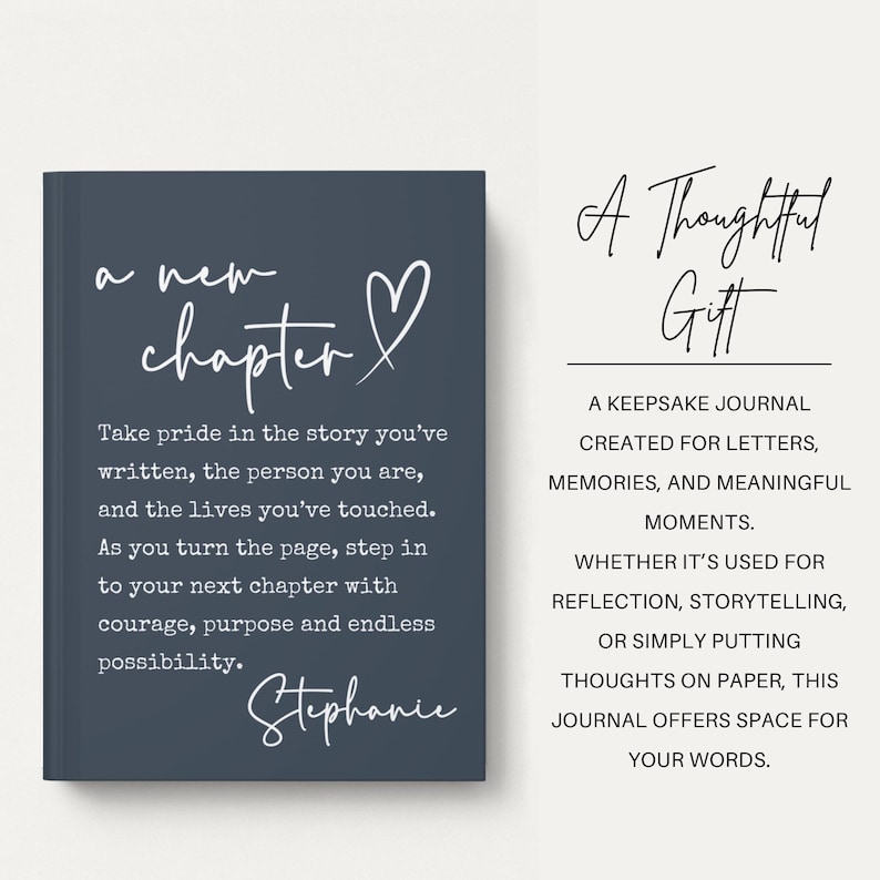 May include: A dark blue journal with the words "a new chapter" and a heart symbol. The journal includes text about pride, courage, and possibility. The text "A Thoughtful Gift" is also displayed.