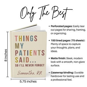 May include: A beige hardcover journal with the title "Things My Patients Said... So I'll Never Forget" in colourful letters. The journal is 20.3 cm tall and 14.6 cm wide. It has a personalised name, "Samantha. RN", on the bottom.