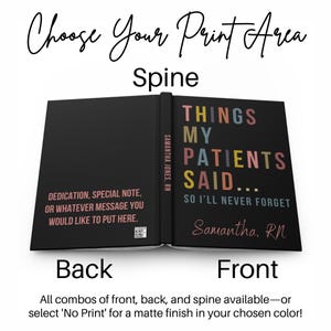 May include: A black hardback journal with a spine that says "Samantha Jones, RN". The front cover has colourful text that reads "Things My Patients Said... So I'll Never Forget" and is signed "Samantha. RN". The back cover has space for a dedication or special note.