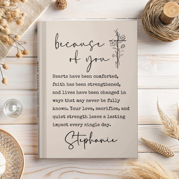 Pastor's Wife Gift, Because of You Journal, Pastor Appreciation Notebook, Personalized Church Leader Wife Thank You Gift, Christian Keepsake
