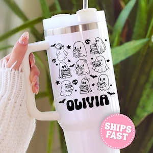 Custom 40oz Halloween Tumbler Ghost Reading Books Tumbler Spooky Tumblers Cute Ghost Reading Cup for Halloween Lovers Gift Spooky Travel Mug