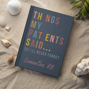 May include: A dark blue book with the title "Things My Patients Said... So I'll Never Forget" in colourful letters. The author's name, "Samantha RN", is written in pink cursive below the title.