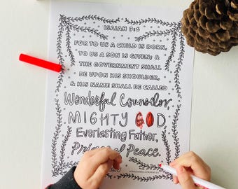 Children and Adult's Isaiah 9:6 Christmas Coloring Pages, Holiday Worksheet For Kids, Christian Coloring Pages With The Names of Jesus