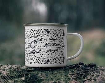 Love in Action Enamel Camp Mug | Romans 12:12 | Hand-lettered, hand-illustrated scripture | Christian gifts