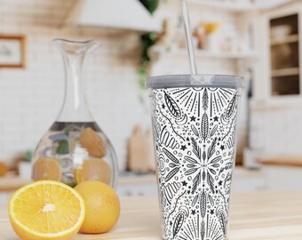 Love in Action Plastic Tumbler with Straw, Romans 12:12, Black and White, Travel Cup, Christian Gift
