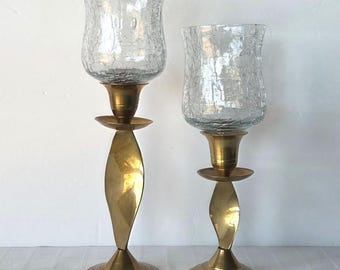 1970s Versatile Brass Twist Candleholders w. Crackle Glass Votive Holders – 4 Pc. Set – MCM
