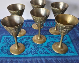 1960s-1970s Etched Brass Goblet Set - Mid-Century Boho Decor (Set of 6)