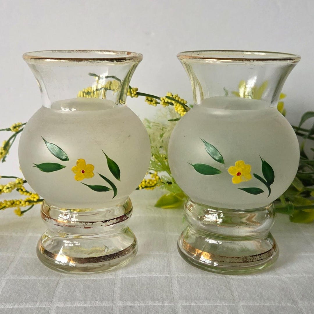 1960s-1970s Frosted Petite Vases, Hand-painted Floral Pair With Gilt ...
