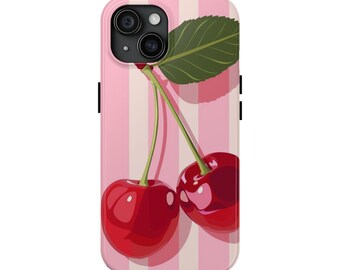 May include: A pink and white striped phone case with a graphic of two red cherries and a green leaf.