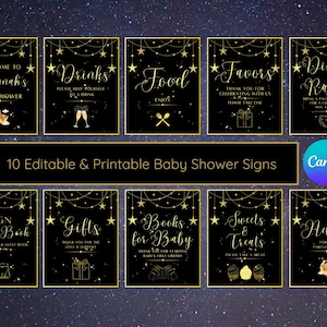 May include: A set of ten black and gold baby shower signs featuring star and string light graphics. The signs include text for Welcome to Hannah's Baby Shower, Drinks, Food, Favours, Diaper Raffle, Sign Guest Book, Gifts, Books for Baby, Sweets & Treats, and Advice.