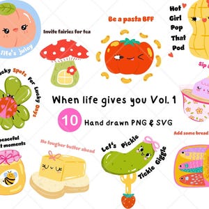 Set di adesivi stampabili, adesivi con giochi di parole carini, adesivi PNG Kawaii, clipart "Quando la vita ti dà", adesivi con citazioni, adesivi digitali divertenti