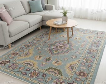 Hand-Knotted Blue Gold Wool Oushak Rug, Floral Persian Area Rug