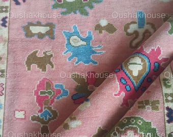 Hand Knotted Wool Oushak Rug | Pink Floral Turkish Inspired