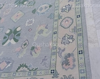 Handmade Blue Beige Oushak Rug, Hand Knotted rug Vintage Oushak,  Wool Area Rug for living room 8x10, 9x12, 10x14 Area Rugs