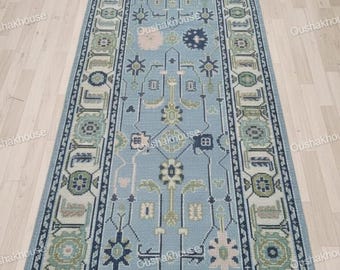 Hand Knotted Oushak Runner Rug, Vintage Turkish Wool, Blue Anatolian Boho Carpet