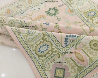 Hand Knotted Oushak Rug, Pastel Pink Wool Oriental Carpet, Boho Floral Area Rug