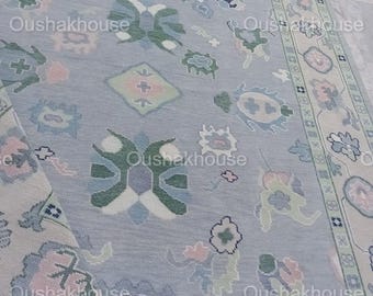 Hand-Knotted Wool Oushak Rug, Blue Beige Floral Design, Indian Artisan Crafted