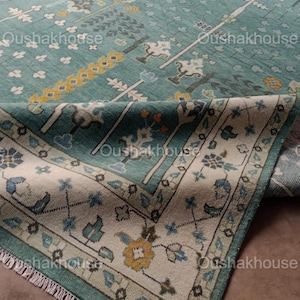 9'X12 Green Beige Rug, Oushak Rug With Ivory, Olive Green & Light Yellow Motifs: Modern Coastal Comfort Area Rug Rug For Bedroom Area Rug