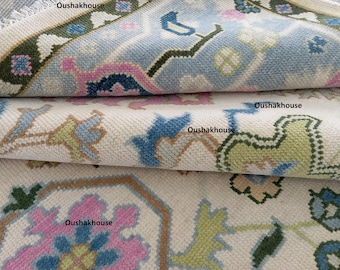 Handmade Turkish inspired Oushak Style Rug – Soft Pastel Floral Carpet –Neutral Cream Pink Blue Area Rug –Boho Farmhouse Decor –Custom Size