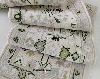 Hand Knotted Oushak Runner Rug | Turkish Wool Hallway Carpet | Beige Green Design