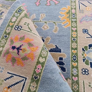 Blue beige with pink and green Oushak Made to Order (In Any Size!!!!!) Geometric Knotted Modern Oushak rug/ large area rug/pastel Area Rug