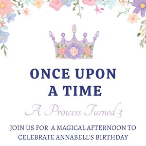 Cute Once Upon A Time Princess Kids Birthday Customizable Invitation, Digital Download, Editable Invite Girls Fairytale Royal Tea Party