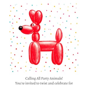 Invitación moderna para fiesta de cumpleaños con un perro con globos rojos, personalizable, para niños, descarga digital.